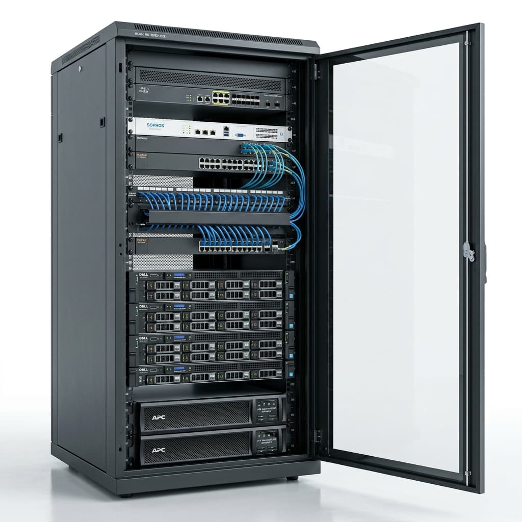 Nodelink Systems Enterprise Network Cabinet containing Cisco switches, patch panels, and fiber connections